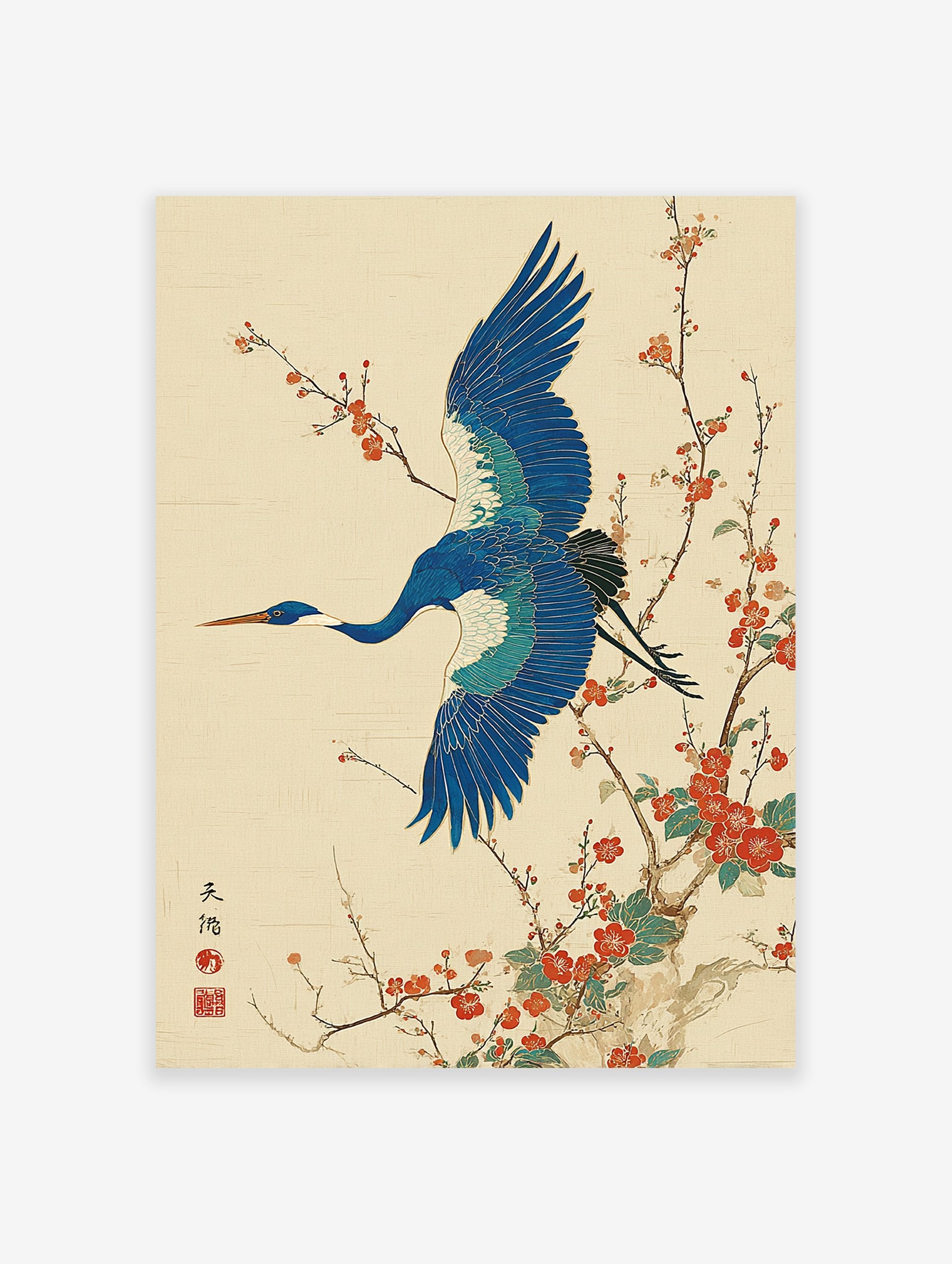Japanese Wall Art print of a blue crane bird flying among red plum blossoms on a textured cream background.