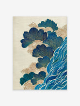 Japanese Wall Art print with stylized blue and gold waves and leaf-like patterns on a textured cream background.