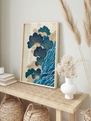 Japanese Wall Art print with stylized blue and gold waves and leaf-like patterns on a textured cream background. - Image 3
