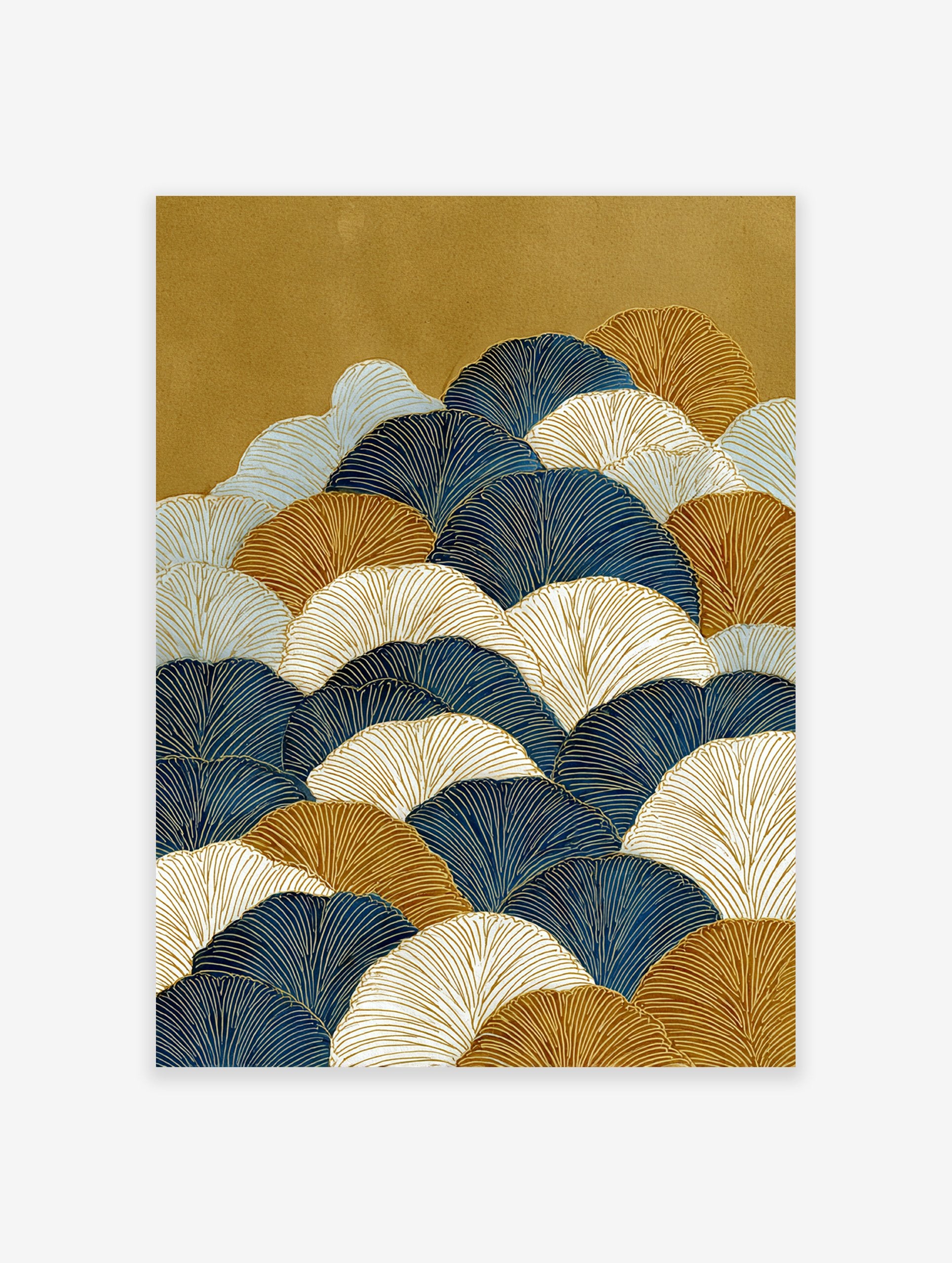 Japanese wall art print with overlapping blue, gold, and white ginkgo leaf patterns on a gold textured background.