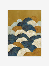 Japanese wall art print with overlapping blue, gold, and white ginkgo leaf patterns on a gold textured background.