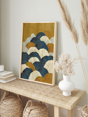 Japanese wall art print with overlapping blue, gold, and white ginkgo leaf patterns on a gold textured background. - Image 3