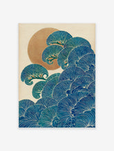Traditional Japanese wall art print with stylized blue waves or pine branches, white outlines, and a golden sun on a cream background.
