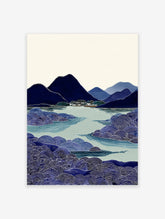 Japanese landscape wall art print with blue mountains, village by a lake, and foreground of stylized blue waves.