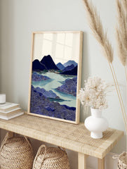 Japanese landscape wall art print with blue mountains, village by a lake, and foreground of stylized blue waves. - Image 3