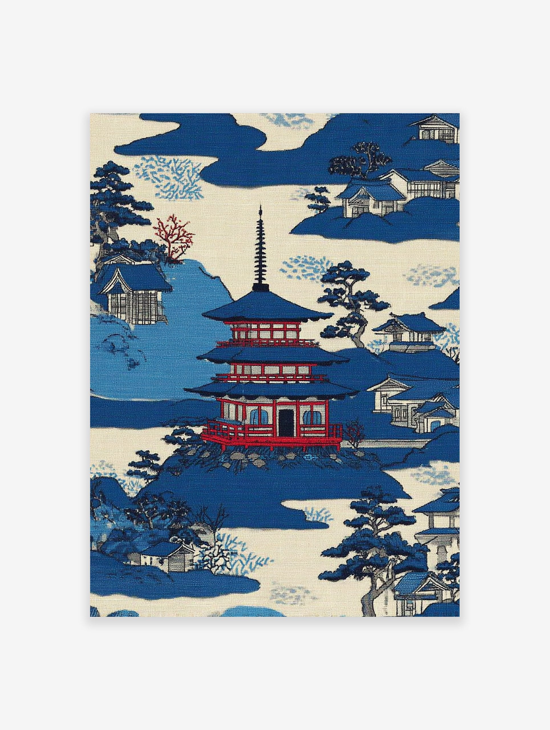 Japanese Wall Art print of a blue pagoda, traditional houses, and trees in a serene mountain landscape.
