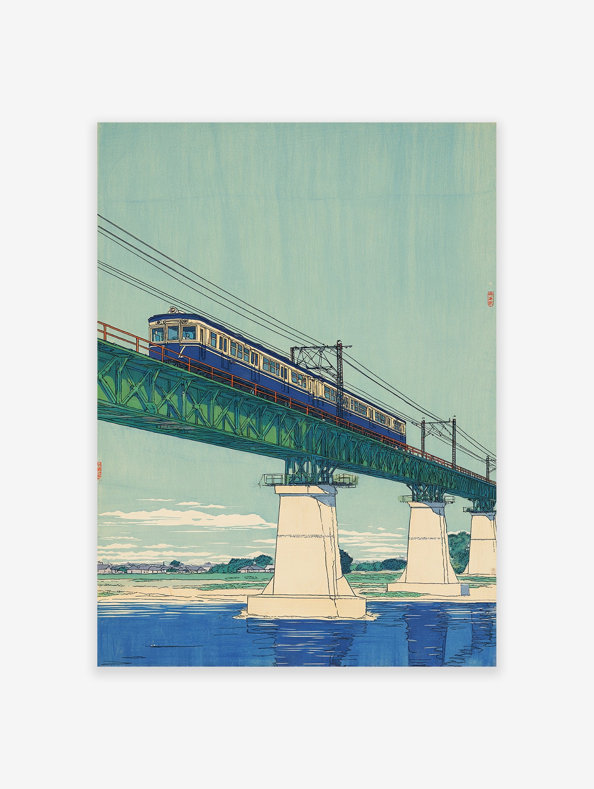 Japanese wall art print of a blue train on a green truss bridge over a river, with a light blue sky and distant landscape.