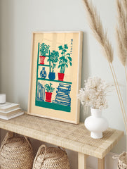 Japanese botanical print of a bookshelf with green potted plants in red and blue pots, blue books, and a blue vase. - Image 3