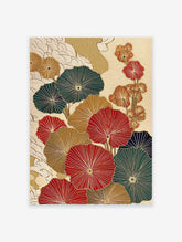 Japanese botanical wall art print with red, gold, and green fan-like leaves or flowers on a textured cream background.