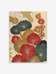 Japanese botanical wall art print with red, gold, and green fan-like leaves or flowers on a textured cream background.