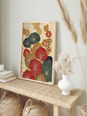Japanese botanical wall art print with red, gold, and green fan-like leaves or flowers on a textured cream background. - Image 3