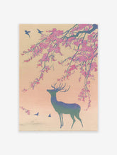Japanese Wall Art print of a deer under pink cherry blossoms with birds in a serene, Ukiyo-e style.