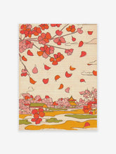 Japanese wall art print with cherry blossom tree, falling pink petals, traditional temple, and serene landscape.