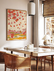 Japanese wall art print with cherry blossom tree, falling pink petals, traditional temple, and serene landscape. - Image 2
