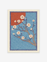 Japanese cherry blossom tree print with white flowers, a red sun, and blue wave patterns, framed by a decorative border.