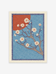 Japanese cherry blossom tree print with white flowers, a red sun, and blue wave patterns, framed by a decorative border.