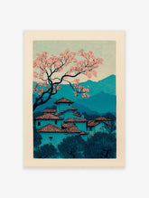Japanese cherry blossom tree blooming over a teal village landscape with mountains in a woodblock print style.