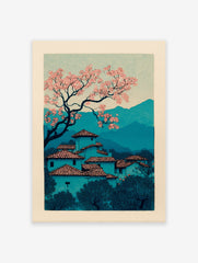Japanese cherry blossom tree blooming over a teal village landscape with mountains in a woodblock print style.
