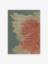 Traditional Japanese Wall Art print with red and gold chrysanthemum botanical patterns on a dark teal background.