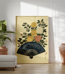 Japanese Wall Art print featuring a dark blue folding fan with gold patterns and vibrant yellow, white, and red chrysanthemum flowers. - Image 3