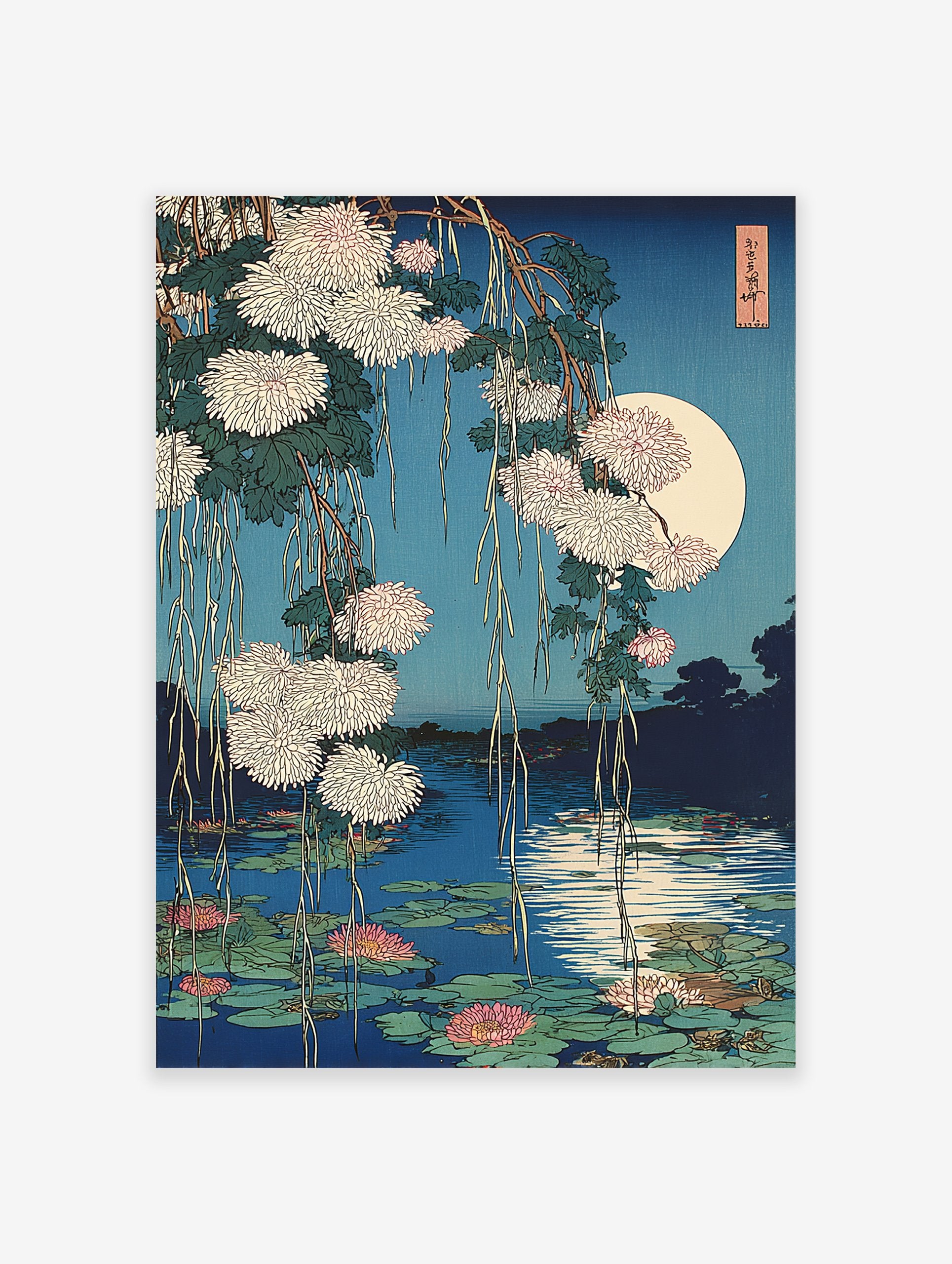 Japanese Wall Art: Ukiyo-e print of white chrysanthemums, pink water lilies, and a full moon reflecting on a blue pond.