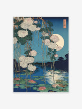 Japanese Wall Art: Ukiyo-e print of white chrysanthemums, pink water lilies, and a full moon reflecting on a blue pond.