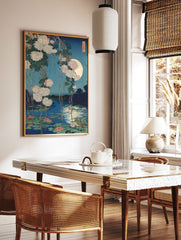 Japanese Wall Art: Ukiyo-e print of white chrysanthemums, pink water lilies, and a full moon reflecting on a blue pond. - Image 3
