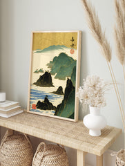 Japanese woodblock style coastal landscape art print with dark islands, blue water, green mountains, and a textured gold sky. - Image 3