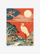 Japanese Ukiyo-e style wall art print with a white crane, red sky, full moon, blue trees, and a river landscape.