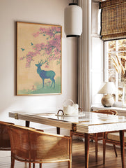 Japanese wall art print of a blue-green deer under pink cherry blossoms with flying birds against a pale yellow sky. - Image 2