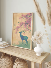 Japanese wall art print of a blue-green deer under pink cherry blossoms with flying birds against a pale yellow sky. - Image 3
