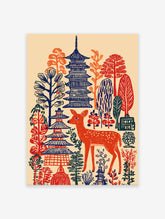 Japanese wall art print with an orange deer, blue pagodas, and stylized red and orange trees on a cream background.