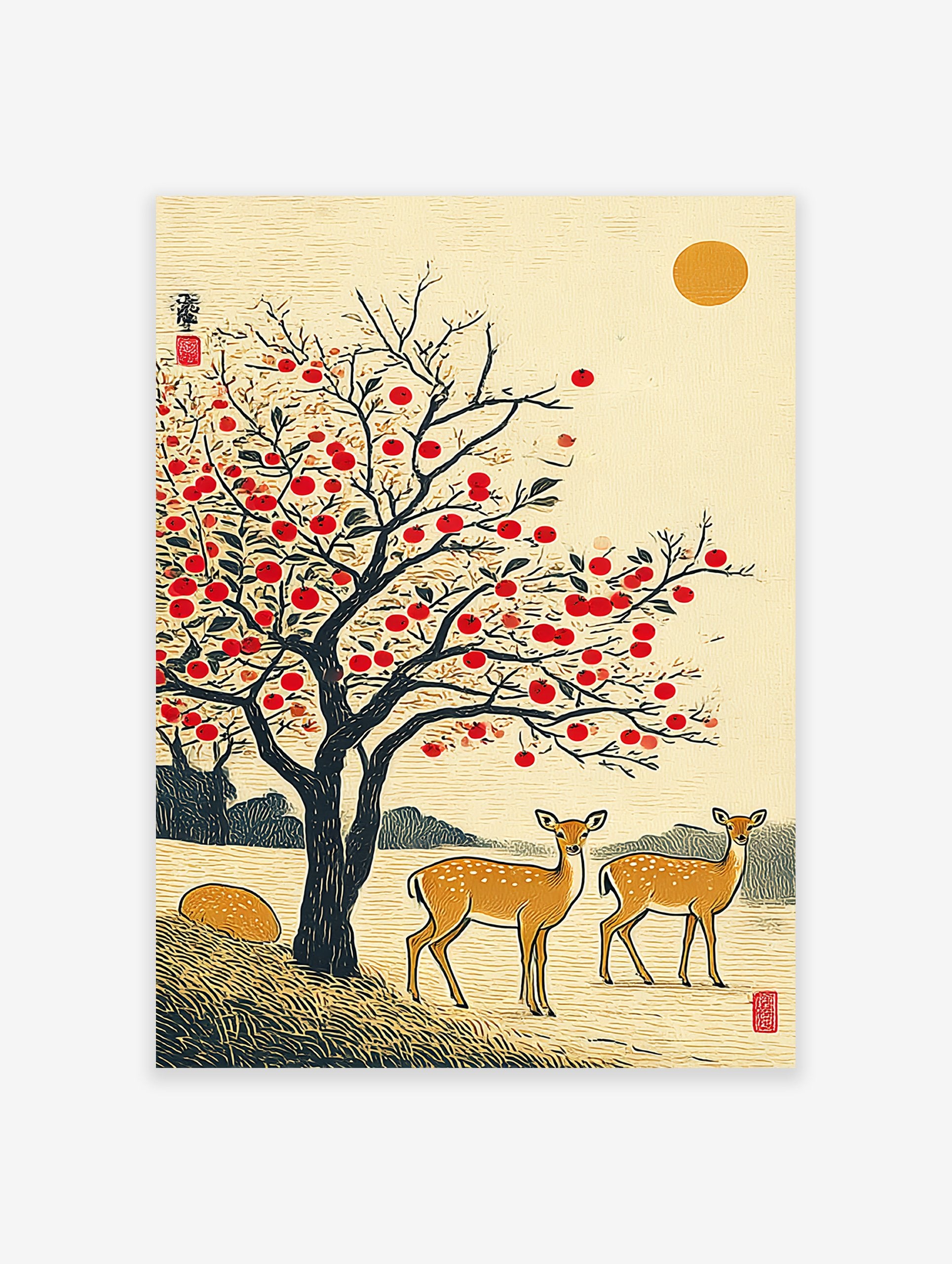 Japanese wall art print featuring two deer under a red persimmon tree with a golden sun in a traditional landscape style.