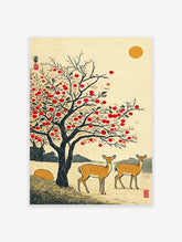Japanese wall art print featuring two deer under a red persimmon tree with a golden sun in a traditional landscape style.