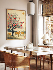 Japanese wall art print featuring two deer under a red persimmon tree with a golden sun in a traditional landscape style. - Image 2