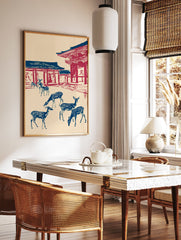 Japanese Wall Art print of blue deer with white spots in front of red and blue temple architecture on a cream background. - Image 2