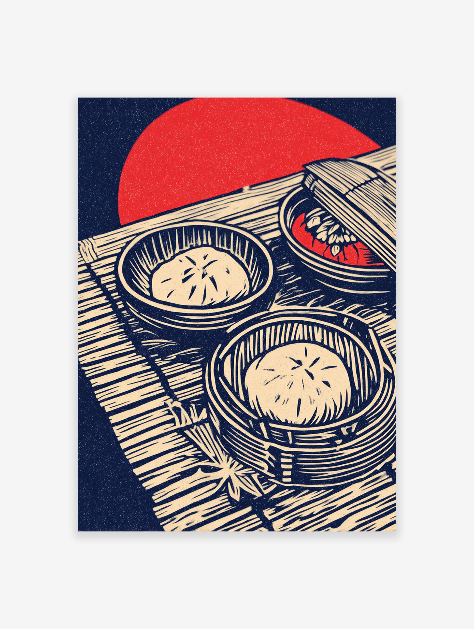 Japanese Dim Sum Wall Art showing two bamboo steamers with steamed buns and one with red food, on a mat with a red sun background.