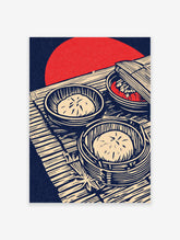 Japanese Dim Sum Wall Art showing two bamboo steamers with steamed buns and one with red food, on a mat with a red sun background.