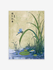 Japanese botanical art print showing a blue dragonfly on a green leaf above a pond with lily pads and a white flower.