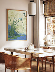 Japanese Dragonfly Wall Art featuring a blue dragonfly on a green leaf over a pond with lily pads and water plants. - Image 3
