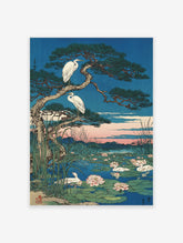 Japanese Ukiyo-e wall art print featuring egrets on a pine tree, water lilies, and swans in a pond at sunset.