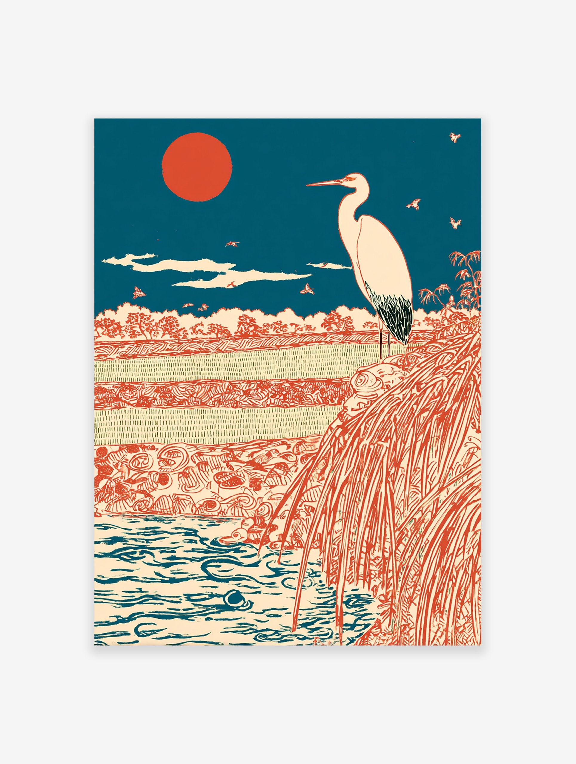 Traditional Japanese wall art print with a white egret, red sun, blue sky, and a serene landscape with water and fields.