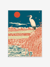 Traditional Japanese wall art print with a white egret, red sun, blue sky, and a serene landscape with water and fields.