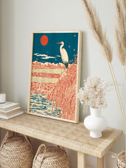 Traditional Japanese wall art print with a white egret, red sun, blue sky, and a serene landscape with water and fields. - Image 3