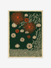 Japanese wall art print with orange fireworks, cream lanterns, and botanical elements on a dark green background with water ripples.