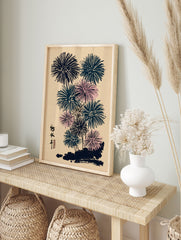 Japanese fireworks print with indigo and pink bursts on a beige background in a traditional Ukiyo-e art style. - Image 3