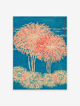 Traditional Japanese Ukiyo-e style woodblock print featuring red and beige fireworks against a deep blue sky.