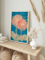 Traditional Japanese Ukiyo-e style woodblock print featuring red and beige fireworks against a deep blue sky. - Image 3