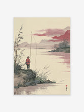 Japanese ink wash painting of a fisherman on a rocky shore with a long rod, misty mountains, and a red sky reflecting on the water.
