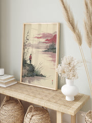 Japanese ink wash painting of a fisherman on a rocky shore with a long rod, misty mountains, and a red sky reflecting on the water. - Image 3